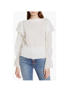 Alice + Olivia Laya Ruffle Smocked Waist Cotton Blouse Small